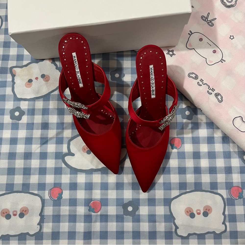 Manolo Blahnik Red Pointed Satin Mule with Crystal Buckle Strap